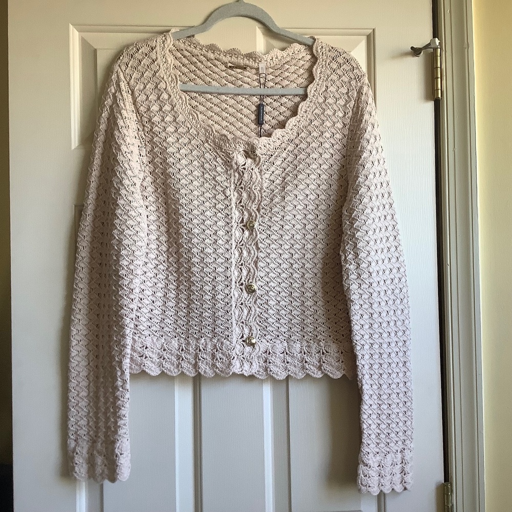 ELIE TAHARI Button Down Knit Crochet Cardigan With Scalloped Edge Linen SZ L